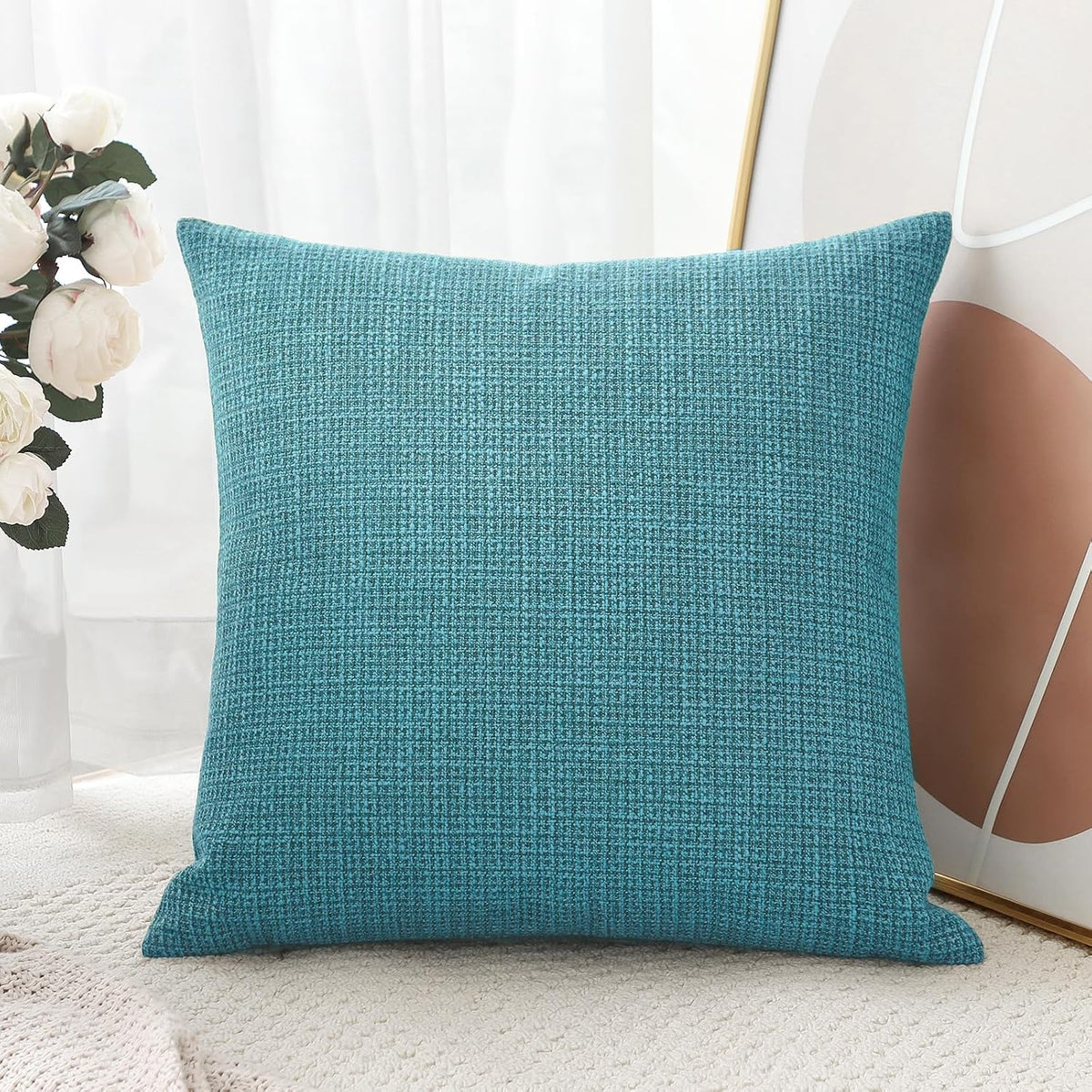 OTOSTAR Linen Throw Pillow Cover Set of 1 Decorative Square Pillowcases Cushion Covers 24x24 Inch for Home Decor Sofa Bedroom Car 60 x 60CM Turquoise