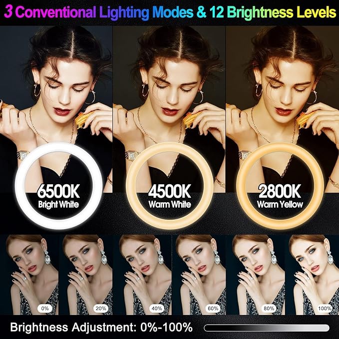 12.3" Ring Light with Stand & Phone Holder Tall 75", 51 Color Modes Circle