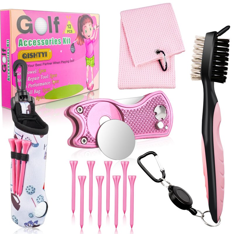 Qishiyi 12Pcs Golf Accessories Kit Include Golf Ball Bag Golf Tees Golf Towel Golf Club Cleaner Brush Groove Cleaner Tool Divot Tool Magnetic Ball Marker,Best Golf Gift for Women Man (Pink)