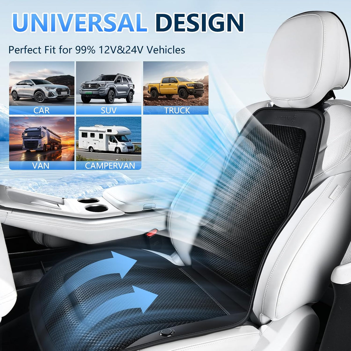 FLORICH Cooling Car Seat Cover Front Seat with Blowing&Suction, 12V-24V Ventilated Car Seat Cushion with 8 Turbo Fans, 3-Speed Adjustable Universal Fit Breathable Car Cushion for Summer Driving-Black