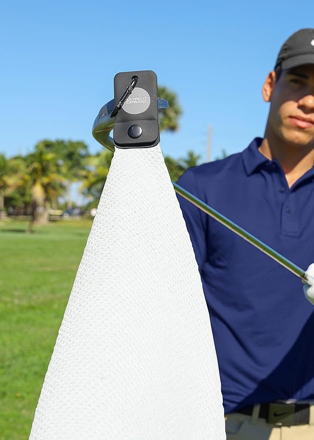 Magnetic Golf Towels for Golf Bags with Clip & Ultra Strong Magnet - Waffle Weave Microfiber Towel for Secure Hold on Bags & Carts - Ideal Club Cleaner & Accessories - White