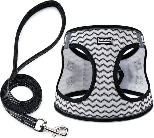 BOOMIBOO Dog Harness with Leash Set, No Pull Adjustable Reflective Step-in Puppy Pet Vest Harnesses for Small Medium Large Dogs and Cats,White Stripe S