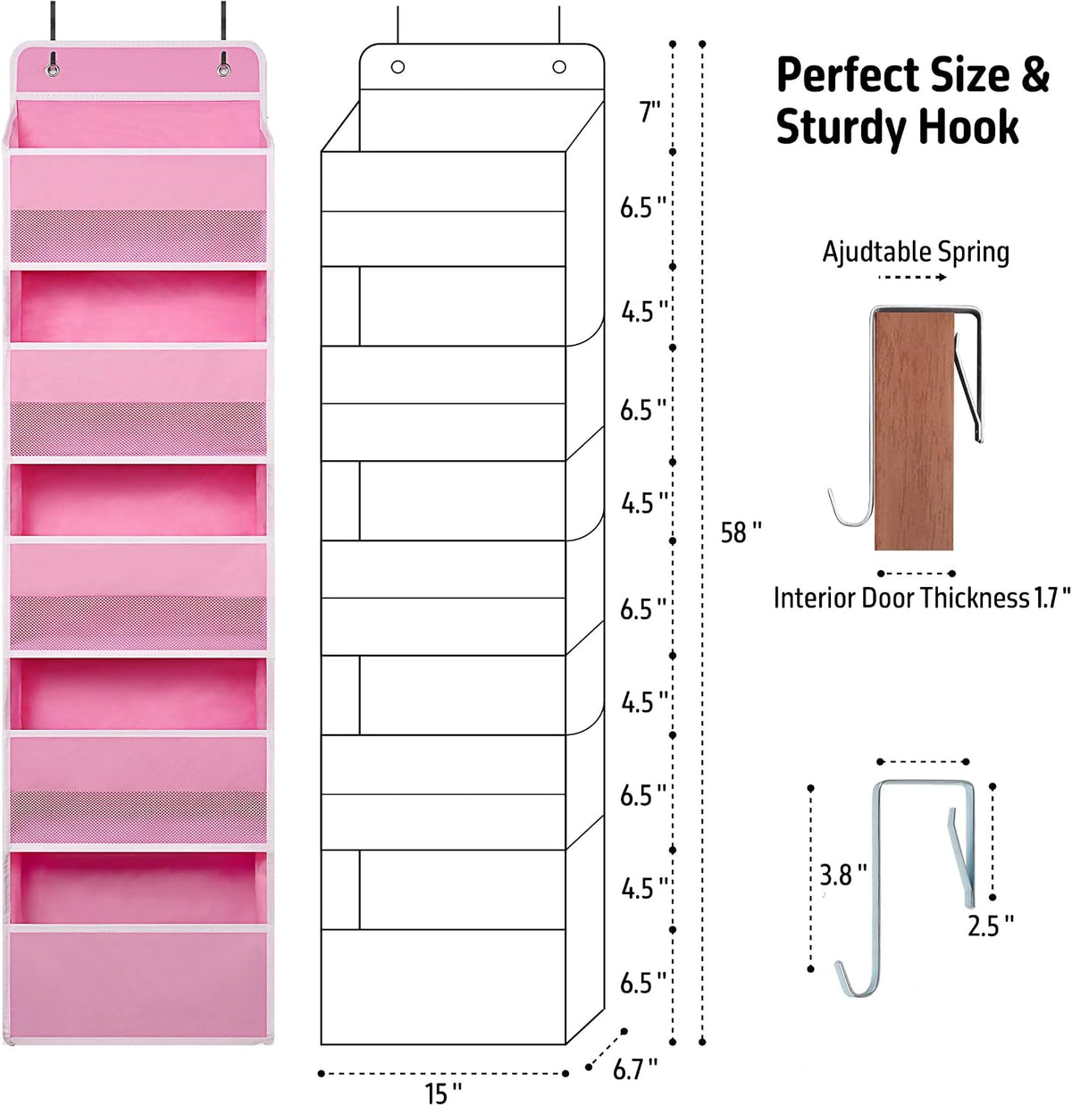 TYMENSH Pink Over Door Organizer with 5 Large Clear Pockets and 6 Side Mesh Pockets, Anti-Tilt Hanging Door Storage for Nursery, Bedroom, Bathroom, Closet, Toys, Baby Essentials