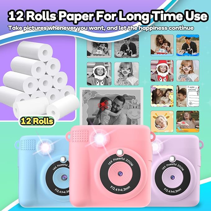 Printer Paper, 12 Rolls for Kids Instant Print Camera, HD Printing Thermal