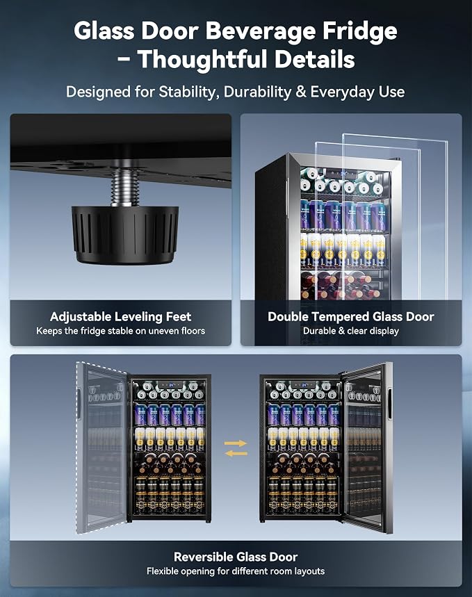 130 Can Beverage Refrigerator, Reversible Door, 3.2 Cu.Ft Drink Cooler | Glass Door, Adjustable Thermostat 34–64°F, Freestanding Beverage Fridge for Soda, Beer & Home Bar