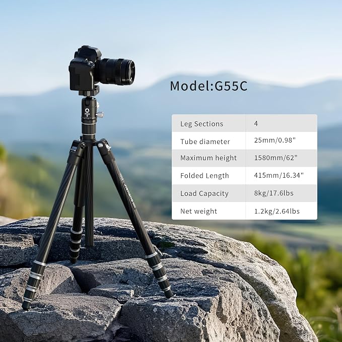 Carbon Fiber Camera Tripod, 1/4" Arca QR Plate, Compact Lightweight Travel