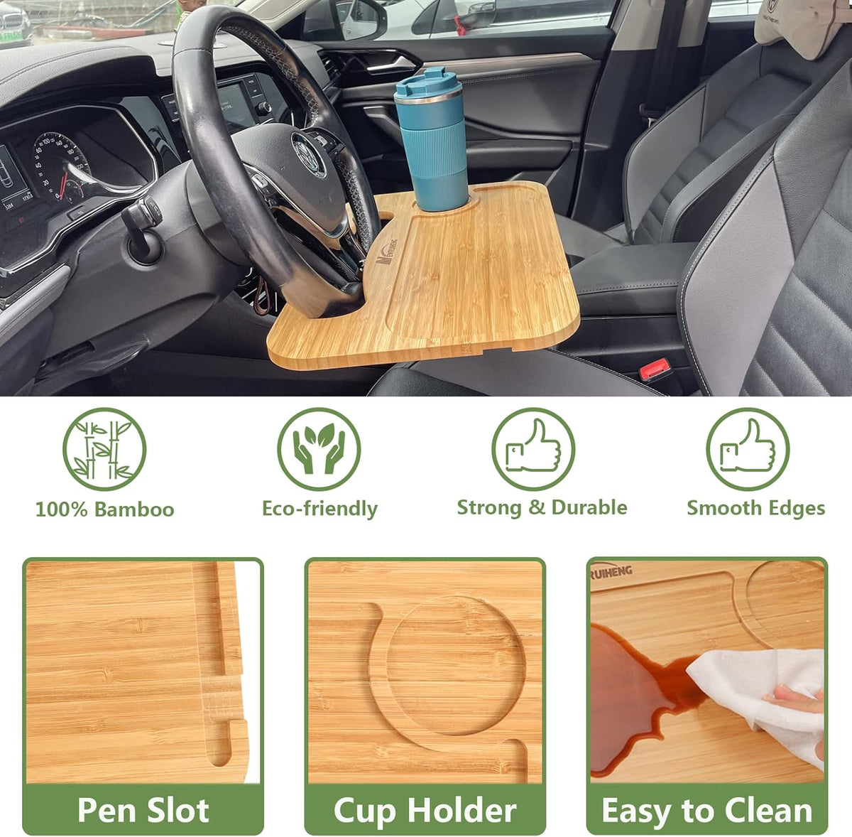 Steering Wheel Tray Double Sided Bamboo Car Laptop Steering Wheel Desk Multifunctional Car Food Trays Car Table Steering Wheel Tray for Eating, Tablet, iPad or Notebook Travel Car Accessories