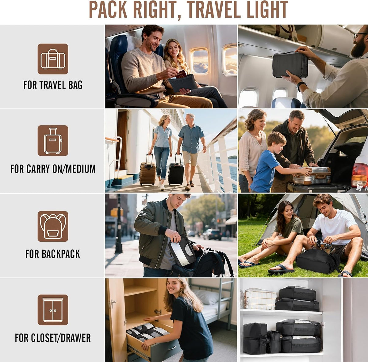 Veken Packing Cubes Set - Travel Organizer Bags with Laundry Bag & Passport Holder | 4 Sizes for Suitcase