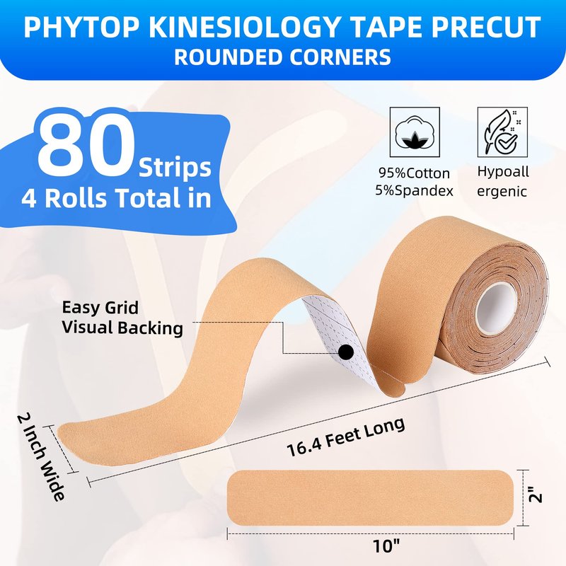 PHYTOP Kinesiology Tape Precut Strips - 4 Rolls Beige (2"x16.4ft) - Waterproof K Sports Tape for Muscle Support, Easy Application, Breathable & Latex Free