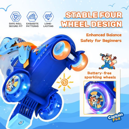 Adjustable Beginner Skates for Kids – Light-Up Wheels, Fun Tractor Design for Girls, Boys, Toddlers (Captain Fox, X-Small (6.5C–10C US))