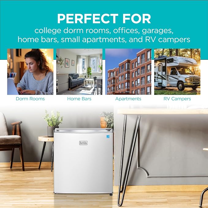 BLACK+DECKER 1.7 Cu. Ft. Compact Refrigerator, Energy Star, BCRK17W, White | Energy Star Certified, Single Door Mini Fridge with Chiller Compartment, Personal Fridge for Home or Dorm, R600a Refrigerant