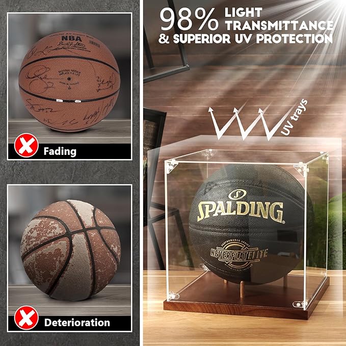 JupDec Basketball Display Case Acrylic Clear 10" Full Size with Solid Wood Base, UV Protected Soccer Display Stand Box for Autographed Standard NBA WNBA Ball Memorabilia Keepsake Ideal Gift Athlete