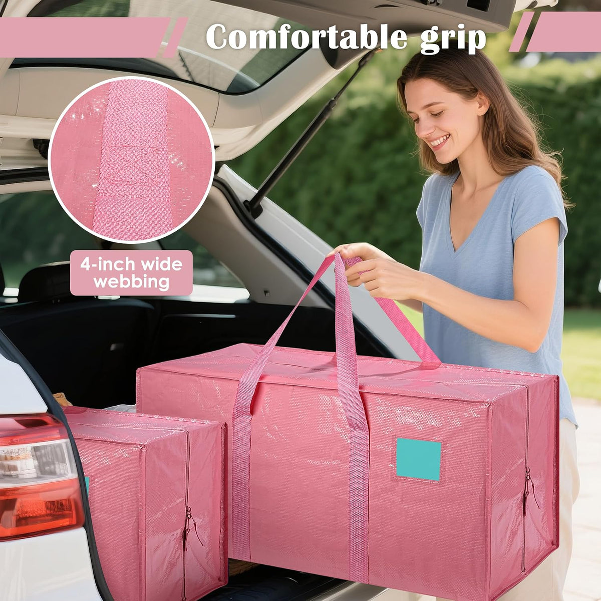 6 Pack Moving Bags with Full-Open Side Zipper, Extra Large 93L Heavy Duty Waterproof Foldable Storage Totes for College Dorm, Moving & Home Organization Pink