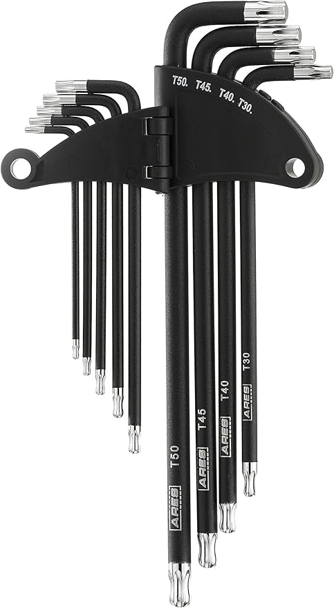 ARES 70257 - Extra Long Ball End Torx L-Key Set - 9-Piece Set Includes Sizes T10-T50 - Anti-Slip Textured Black Coating & Premium S2 Steel Construction - Storage Case Included