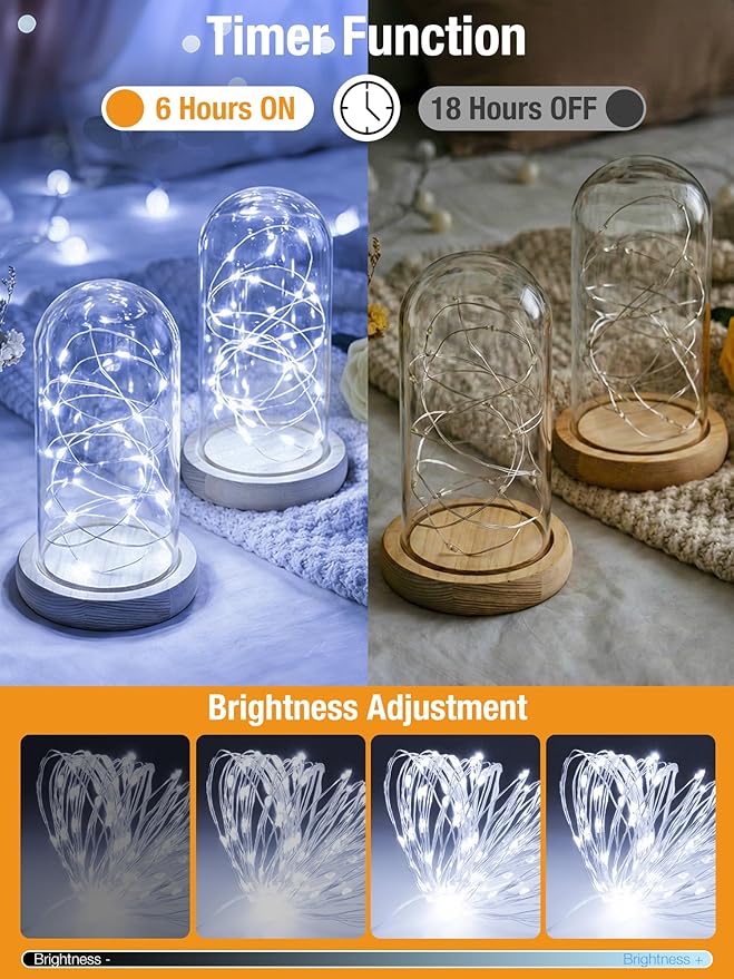 btfarm Fairy Lights Battery Operated with Timer 8 Modes, 16.4 FT 50 LED Silver Wire Twinkle String Lights Battery Powered Dimmable Waterproof for Indoor Home Party Wedding Christmas Decor, Cool White