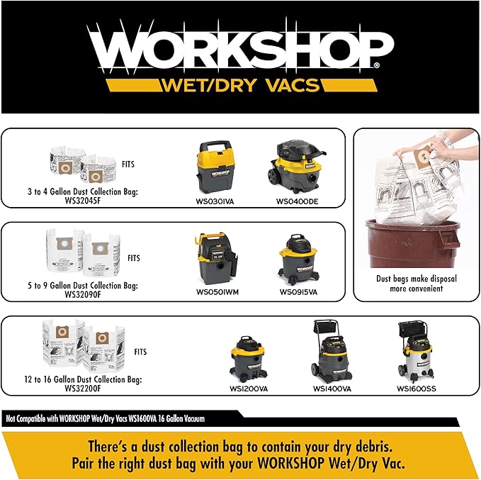 WORKSHOP Wet/Dry Vacs Shop Vacuum WS1400CA 14-Gallon 6.0 Peak HP High Power Wet Dry Vacuum Cleaner with Filter, Dust Bag, Hose, Attachments and Cart for Garage, Basement and Workshop Cleaning