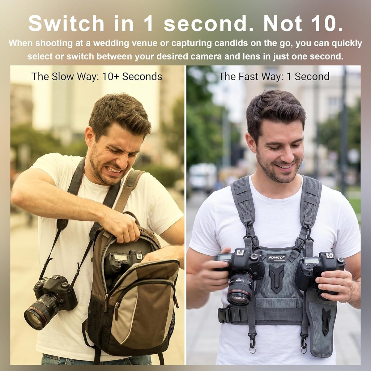 FOMITO Multi Camera Carrying Chest Harness System Vest with Side Holster for Canon for Nikon for Panasonic for Olympus for Sony A7R A7S A7II A7RII A58 A99 A6000 A6300 DSLR