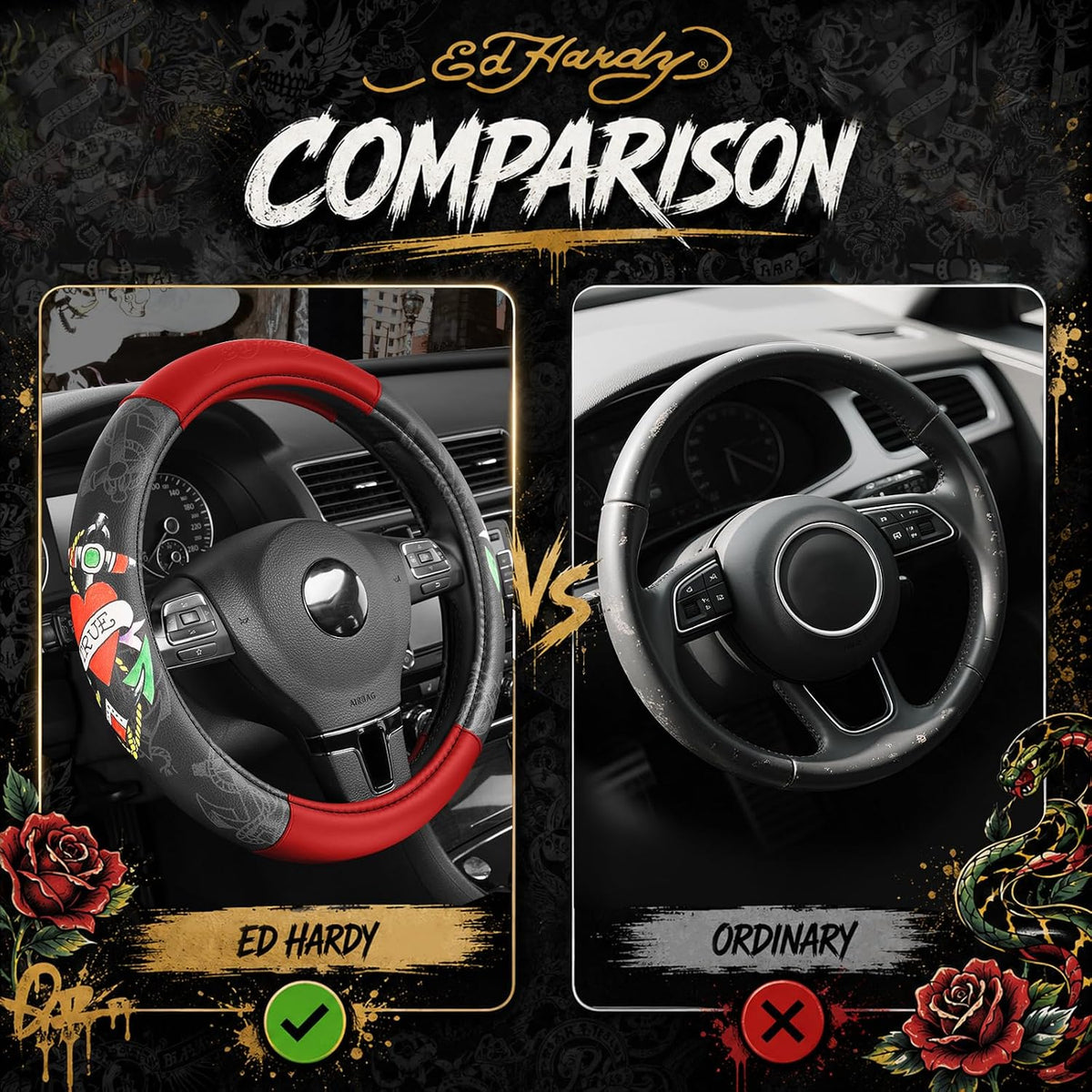 ED HARDY Heart Print Steering Wheel Cover, Red Leather Universal Car Streeing Cover, Fits 14.5-15.5 Inch Steering Wheels, Anti-Slip Comfortable Grip, Durable Auto Interior for Cars, SUVs, Trucks