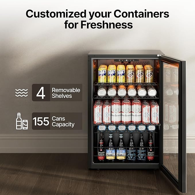 Ca'Lefort 155 Cans Mini Fridge, Beverage Refrigerator Cooler for Drink/Beer | 4.59 Cu.ft, Low-noise, Reversible Glass Door, 3-Color LED Lighting, Adjustable Shelves, 34℉ to 54℉ | Home Dorm Office Kitchen