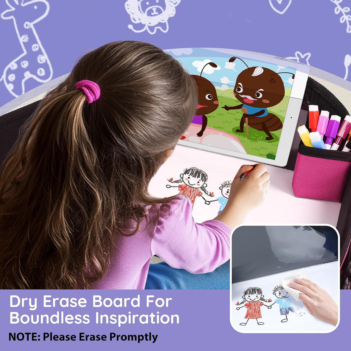 Kids Lap Desk Tray for Road Trip Activities, Portable, Pink 1PCS