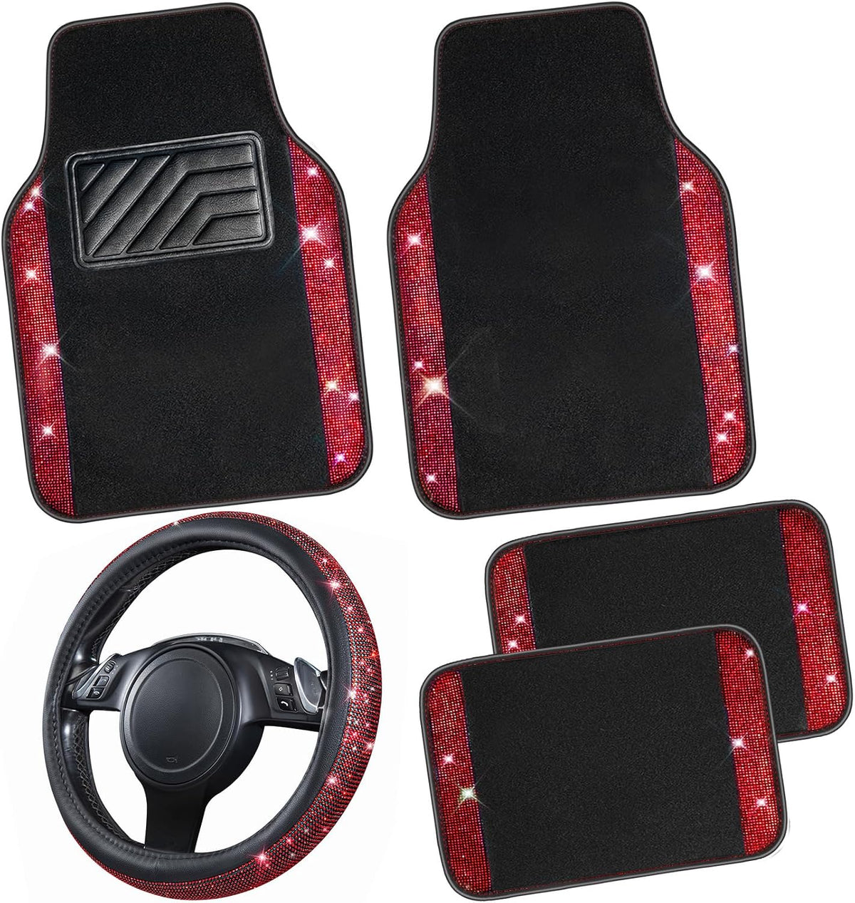 CAR PASS Bling Diamond Leather Steering Wheel Cover 14.5in-15in Floor Mats Shining Rhinestone Carpet Sparkly Glitter Crystal Anti-Slip Pad Fit Automotive SUV Pickup Truck Girl Women, 5pcs Black Red