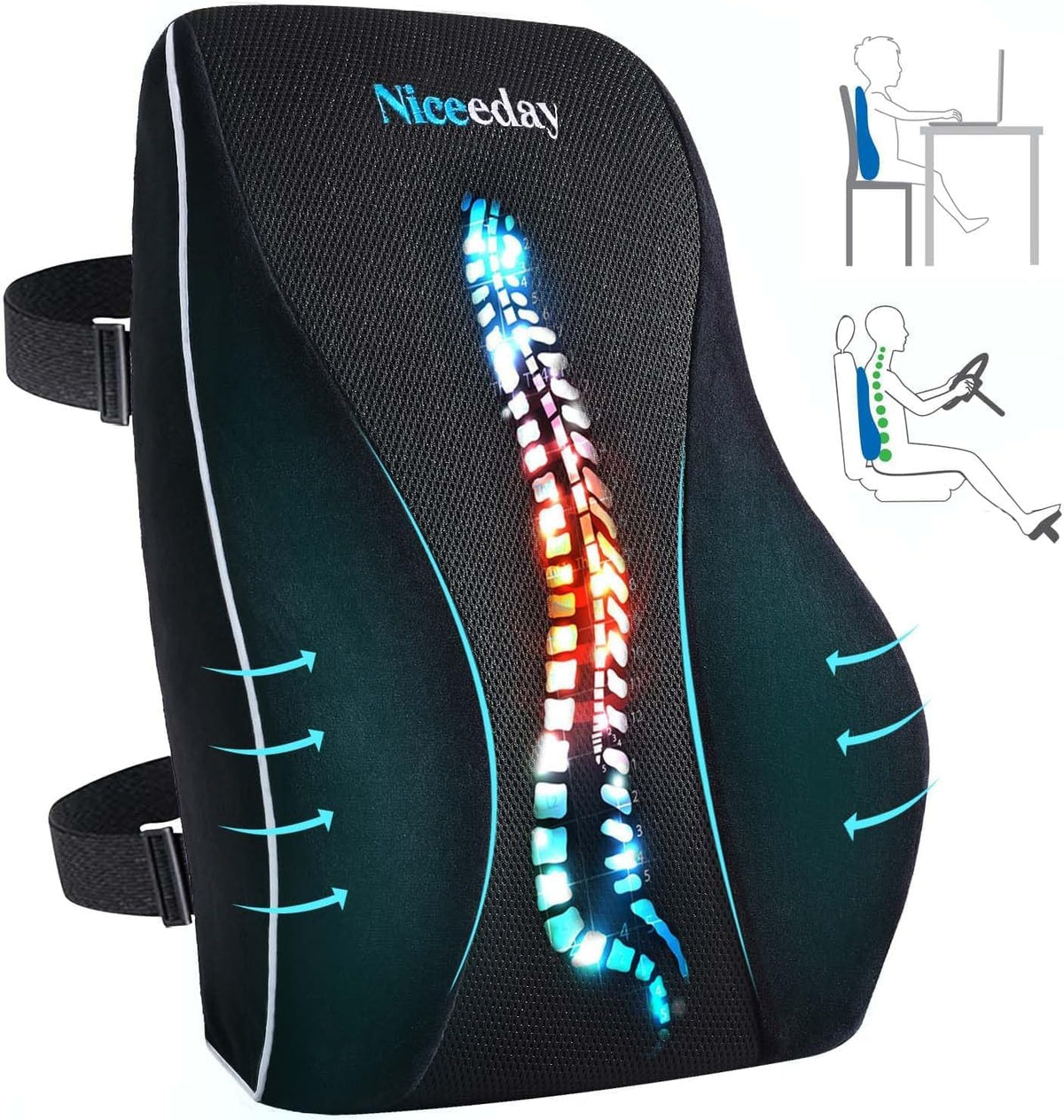 Niceeday Lumbar Support Pillow for Office Chair Car Back Support Pillow, Memory Foam Gaming Chair Desk Chair Back Cushion for Lower Back Pain Relief, Ergonomic Back Rest,Office Home Essentials