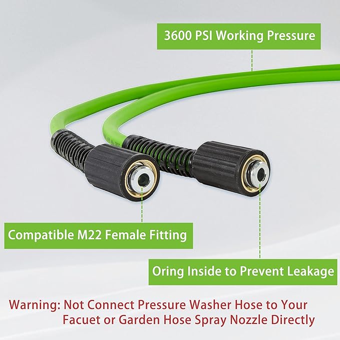 PWACCS Pressure Washer Hose 50 FT x 1/4", Power Washer Hose Kink Resistant, Universal High-Pressure Washing Extension Hoses Replacement, Compatible with M22 Stainless Steel Fittings, 3600 PSI, Green