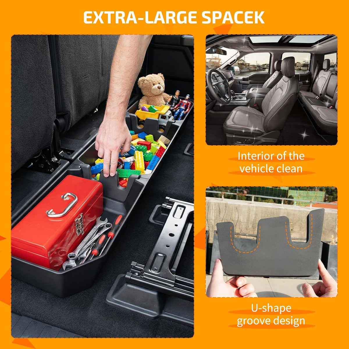 Rear Underseat Storage Box for 2015-2025 Ford F-150 &amp; 2017-2025 Ford F-250 F-350 F-450 F-550 Super Duty, Heavy-Duty Back Seat Organizer with Dividers, Non-Slip Waterproof Truck Under Seat Storage