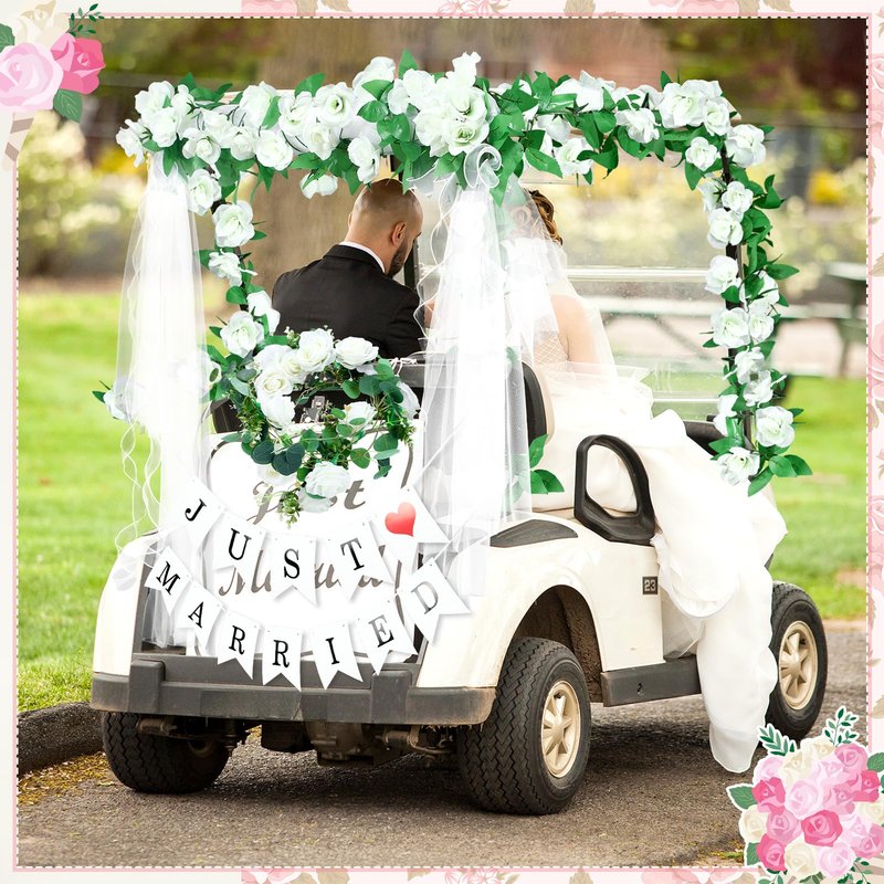 Wedding Golf Cart Decorations Golf Cart Rose Garland with Just Married Banner Sheer Chiffon Wedding Draping Fabric Accessories for Anniversary Decorations