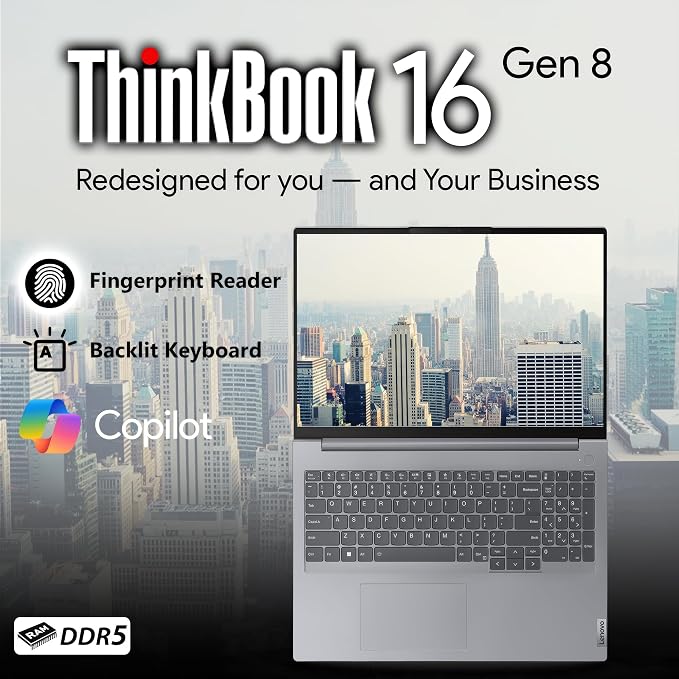 Lenovo ThinkBook 16 Gen 8 AI Business Laptop, 16” Touchscreen FHD+, Intel Ultra 7 255H, 16GB DDR5 RAM, 512GB SSD PCIe, WiFi 6E, HDMI, Fingerprint Reader, Backlit KB, Webcam, Win 11 Pro