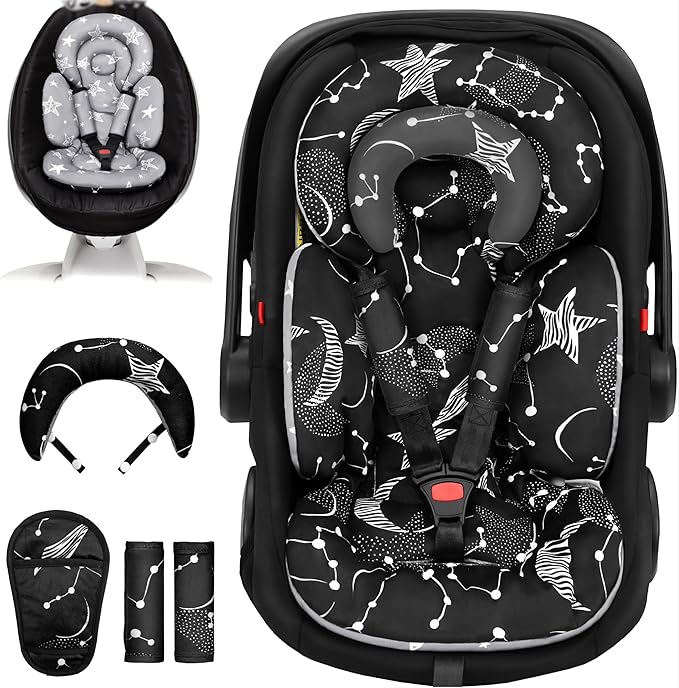 Infant Car Seat Insert with Removable Cushion for Preemie to Toddler, Reversible Newborn Carseat Insert for Baby Head Body Support, Fits for Stroller, Baby Swing, Bouncer (Black Star)