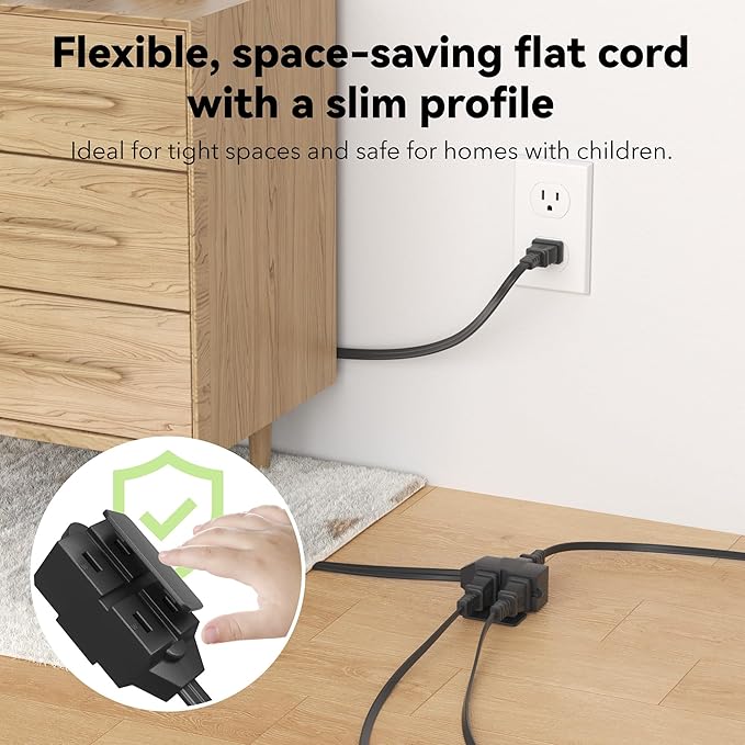 BN-LINK 9ft Indoor Extension Cord, 2 Pack, 3-Outlet Polarized Flat Cable, Household Power Cord for Home, Office, and Holiday Decorations, Black