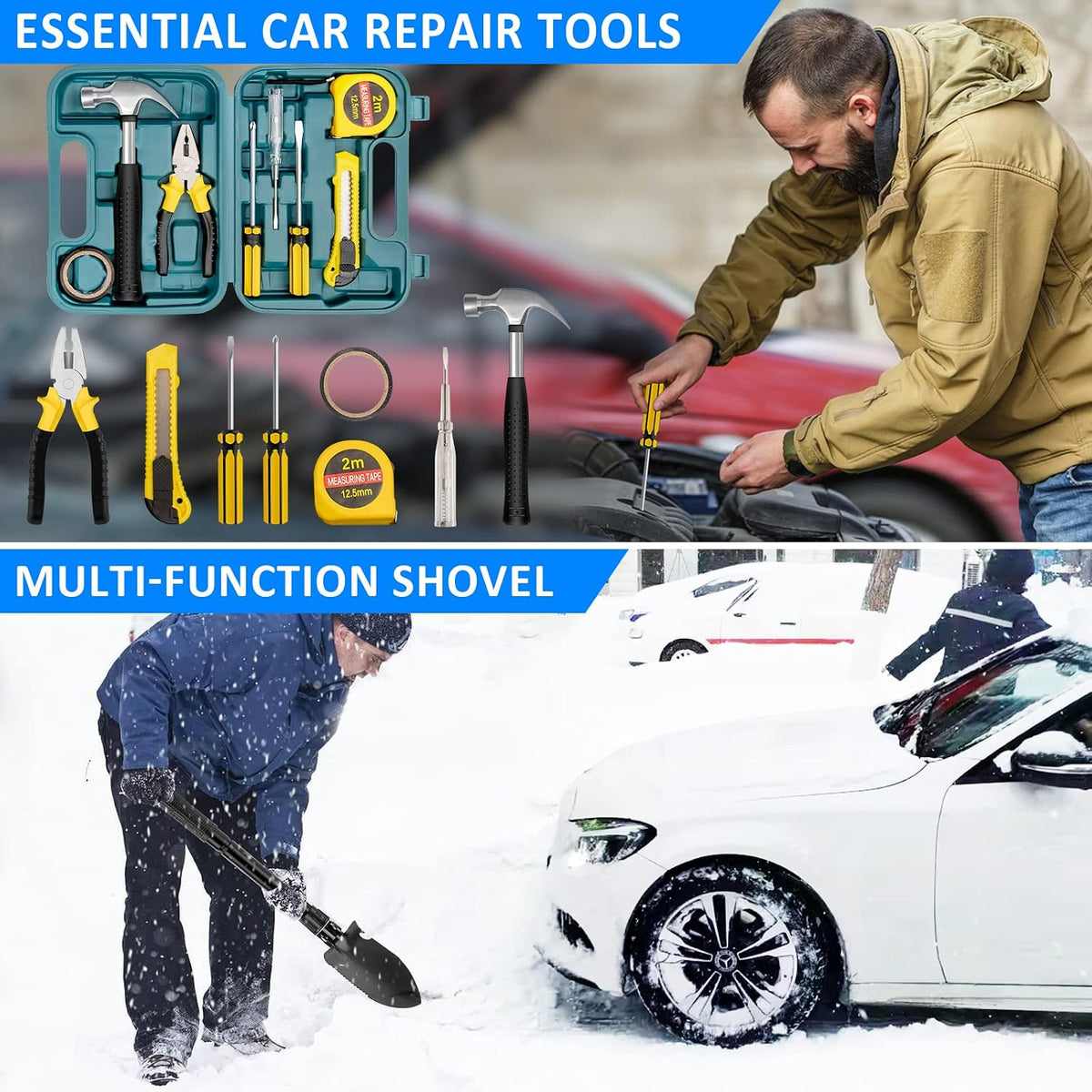 Emergency Car Kit with Jumper Cables & Snow Shovel, Winter Roadside Assistance Safety Kit for Cars, Trucks, SUVs and RVs