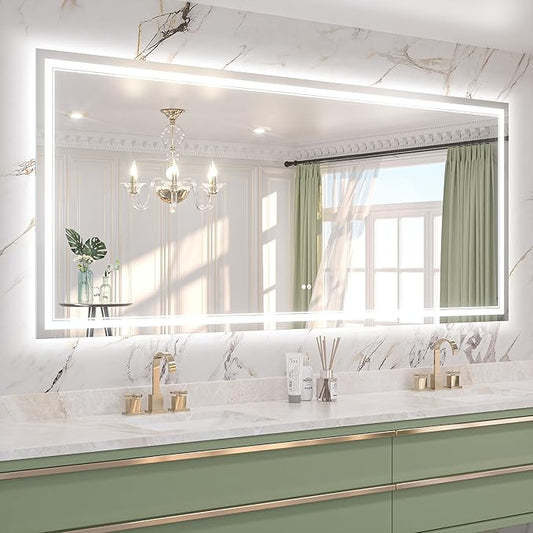 Keonjinn 84" x 36" LED Bathroom Mirror with Frontlit & Backlit, Smart Frameless LED Mirror, Oversized, Safe Tempered Glass, Quick Defogging, Dimmable, 3 Color Lights, UL-Listed