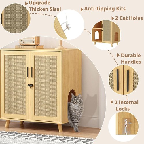 Lovinouse Cat Litter Box Enclosure - Large Hidden Litter Cabinet with Sisal Doors & Adjustable Shelf | Stylish Wooden Design for Living Room