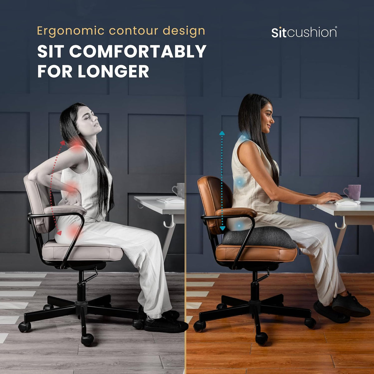 SitCushion X Large Office Chair Cushion for Sciatica Pain Relief, Memory Foam Seat Cushion for Car Seat Pad, Orthopedic Pillow. Computer Chair Cushion for Tailbone Pain Relief All Day Comfort (Gray)