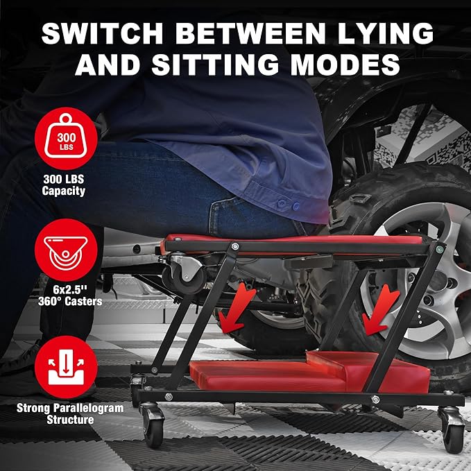 Big RED 36" Rolling Foldable Automotive Creeper， Car Creeper, 2-in-1 Garage Shop Creeper for Auto Repair, 300 Lbs Capacity, Red，TAM6505RR Torin