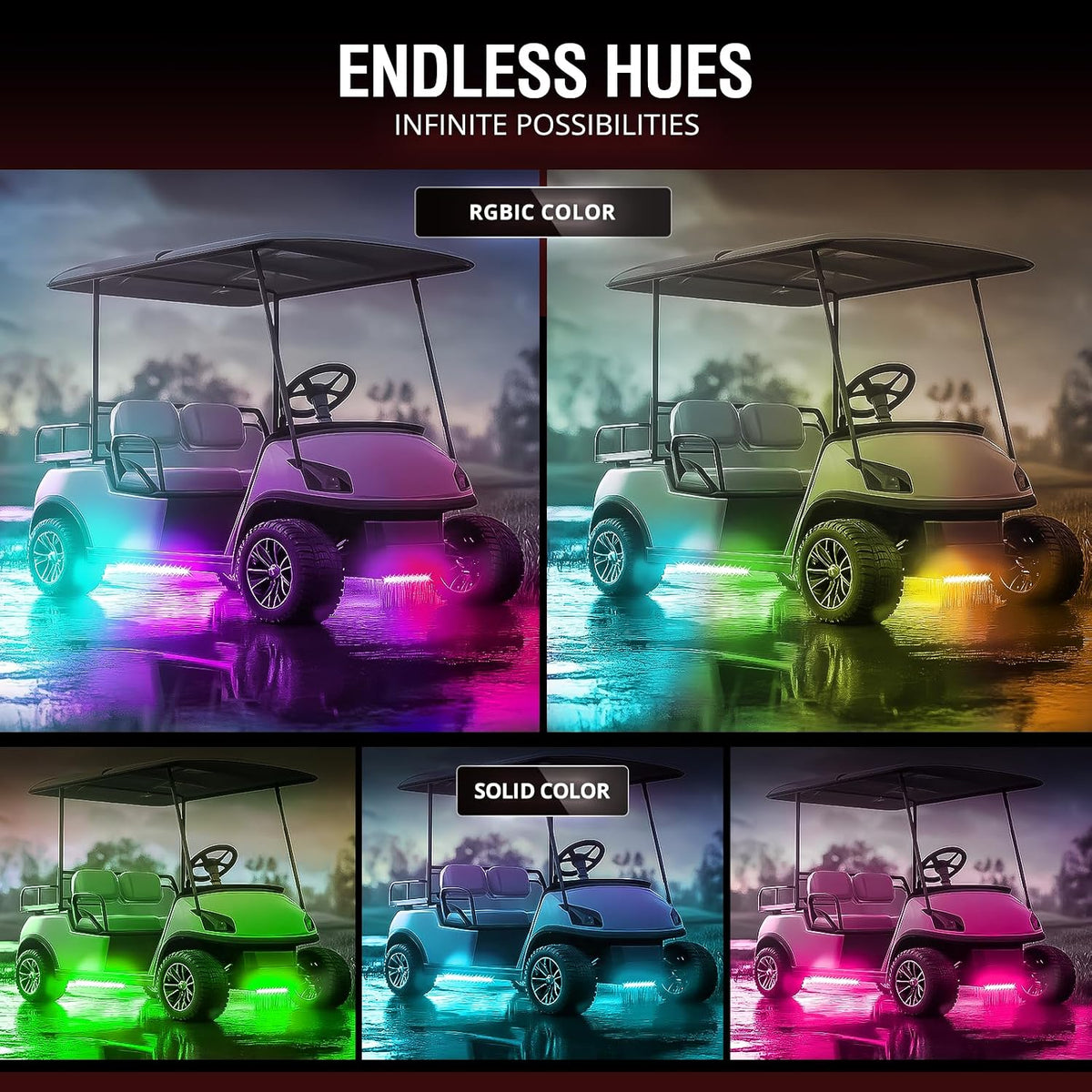 OPT7 Aura DreamColor 12V Golf Cart Underglow Chasing Light w/APP & Remote | Waterproof Rigid Aluminum Case, RGB-IC LED Bar, Sound Sync Lighting, Outdoor Accent Lights, EZGO Yamaha Club Car Accessories
