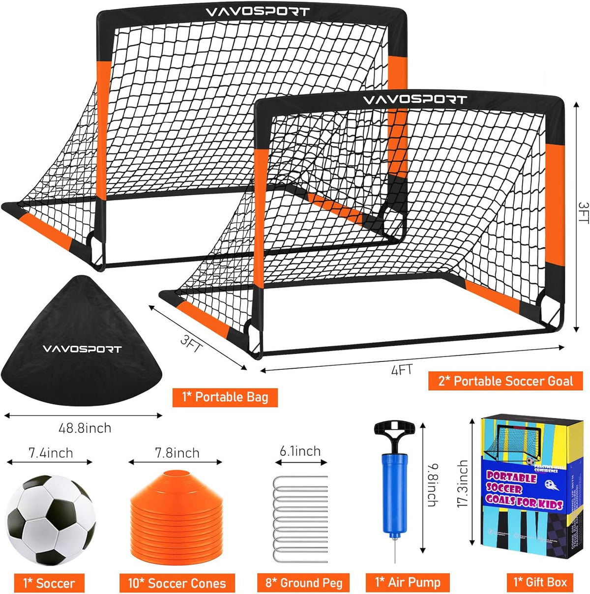 VAVOSPORT Kids Soccer Goals - Portable 4x3 & 6x4 Ft Mini Training Nets | Perfect Outdoor Games for Ages 3-14