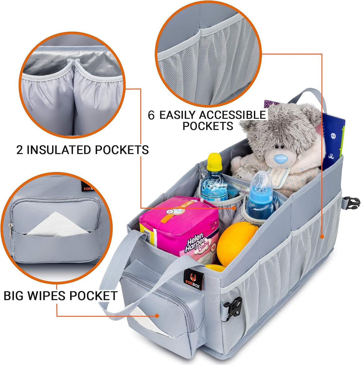 FoxBox Car Seat and Trunk Organizer, Front or Back Seat Storage - SUV Passenger Floor, Under or Between Seats Organization, Car Gifts for Men and Women (Grey)