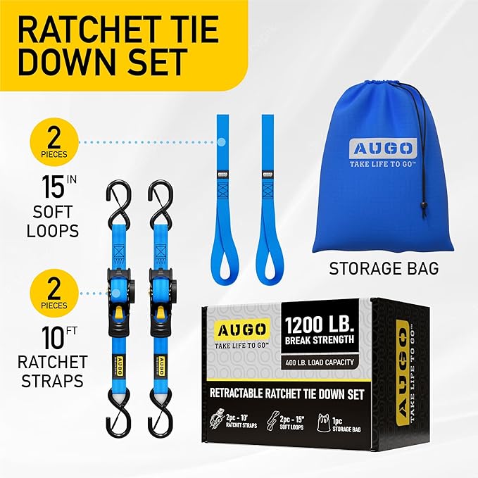 AUGO Retractable Ratchet Straps | 2 Heavy Duty Ratchet Straps Self Retractable Tie Downs with Soft Loops & Storage Bag for Motorcycle, Truck, Trailer, Cargo Van | 1200 Lb Break Strength 1” x 10’