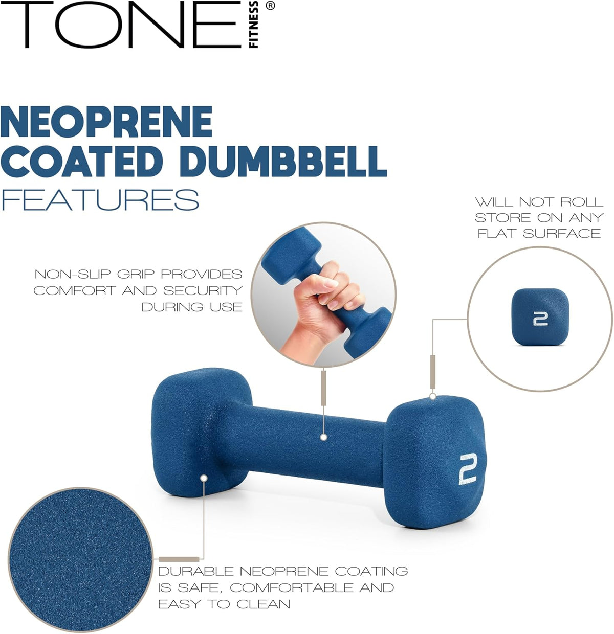 Tone Fitness Neoprene Dumbbell Weight Pairs - Anti-Roll Square Head | Multiple Sizes Available