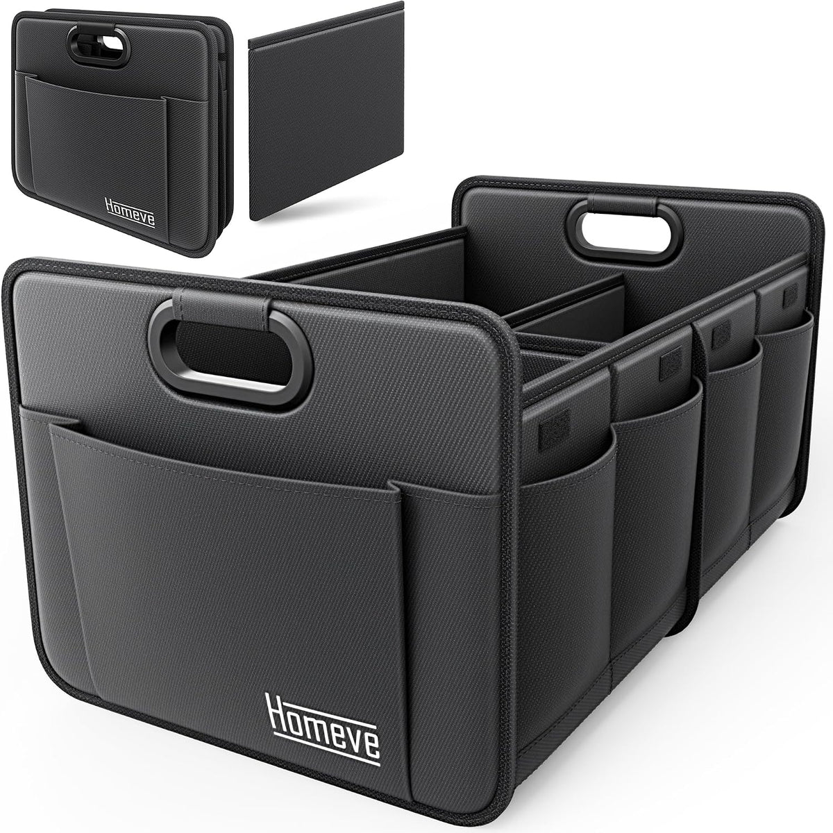 Homeve Car Trunk Organizer for SUV, 18.5Gal Large Capacity No-Sag Heavy Duty, Foldable Waterproof Anti-Slip Storage with 12 Pockets, Fit Sedan, Truck, Universal Car Accessories, Grey, 2 Compart,Large