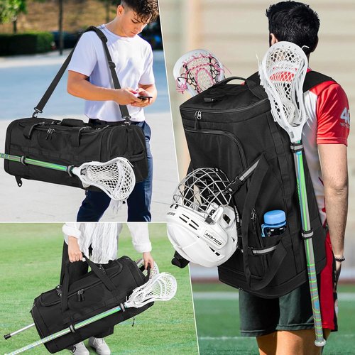 GOBUROS Lacrosse Bag - Holds 2 Sticks & Shoes | Durable Backpack with Helmet Holder & Pockets - Black