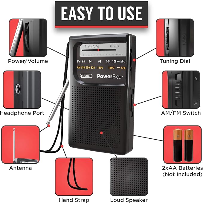 PowerBear Portable Radio | AM/FM, 2AA Battery Operated with Long Range Reception for Indoor, Outdoor & Emergency Use | Radio with Speaker & Headphone Jack (Black)