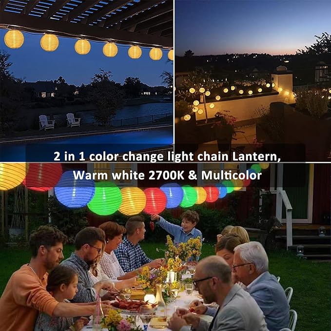 Outdoor Patio Lights Plug in, 65.6Ft Connectable Warmwhite & Multicolor Hanging Lantern String Lights with Remote Timer 80LED Outdoor String Lights Waterproof for Garden Backyard Fences