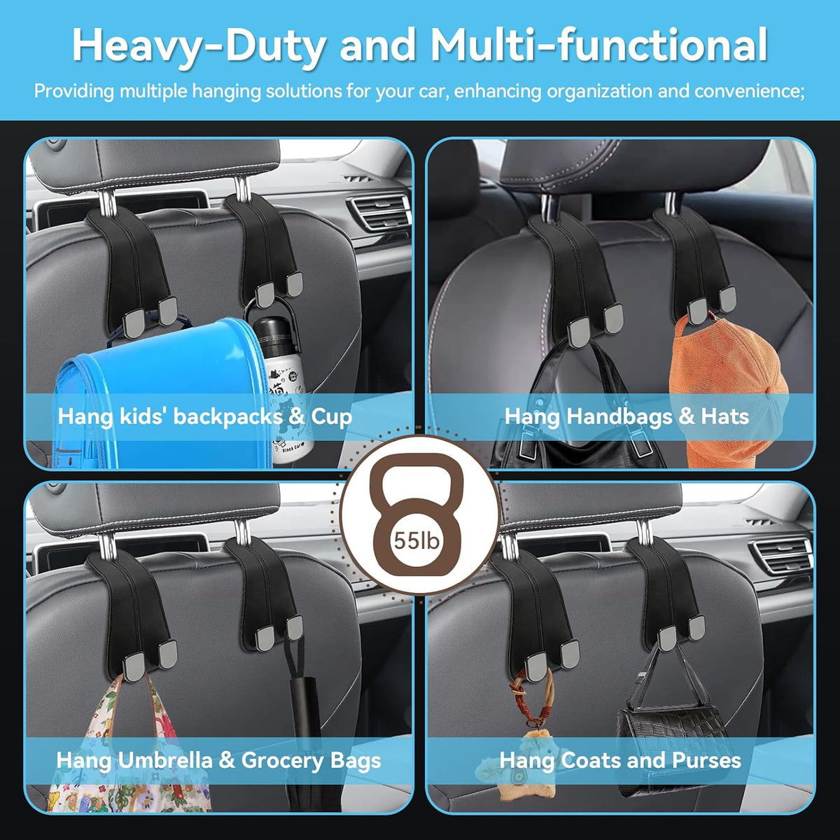 USSDE Car Seat Hooks Vehicle Headrest Back Storage Organizer 2 Pack for Purses Bags backpacks Groceries Hanger Holder - Universal Sturdy Holds 55lbs 360° Rotating (Style C/Black)