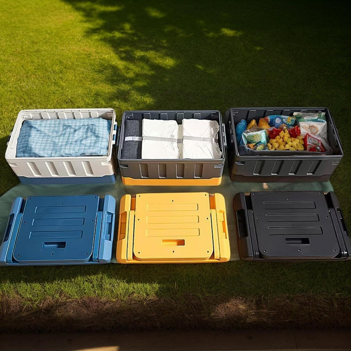 Versatile Foldable Seatable Car Organizer Box Heavy Duty Storage Bins With Lids Trunk,Durable Plastic,60L Can Store Clothes, Camping Equipment in Large Capacity (yellow)