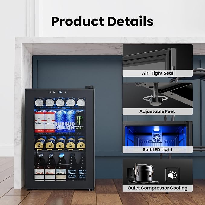 Yeego Beverage Refrigerator Drink Cooler, 85 Cans Mini Fridge Glass Door | Soda Wine Beer Cooler, 34°F To 54°F Temperature Control, for Home Office Bar, Adjustable Shelves,Freestanding, Black