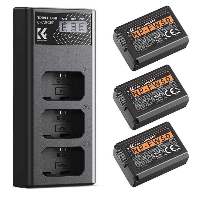 K&F CONCEPT 3-Pack NP-FW50 Battery and Upgraded 3-Slot ZV-E10 Battery Charger